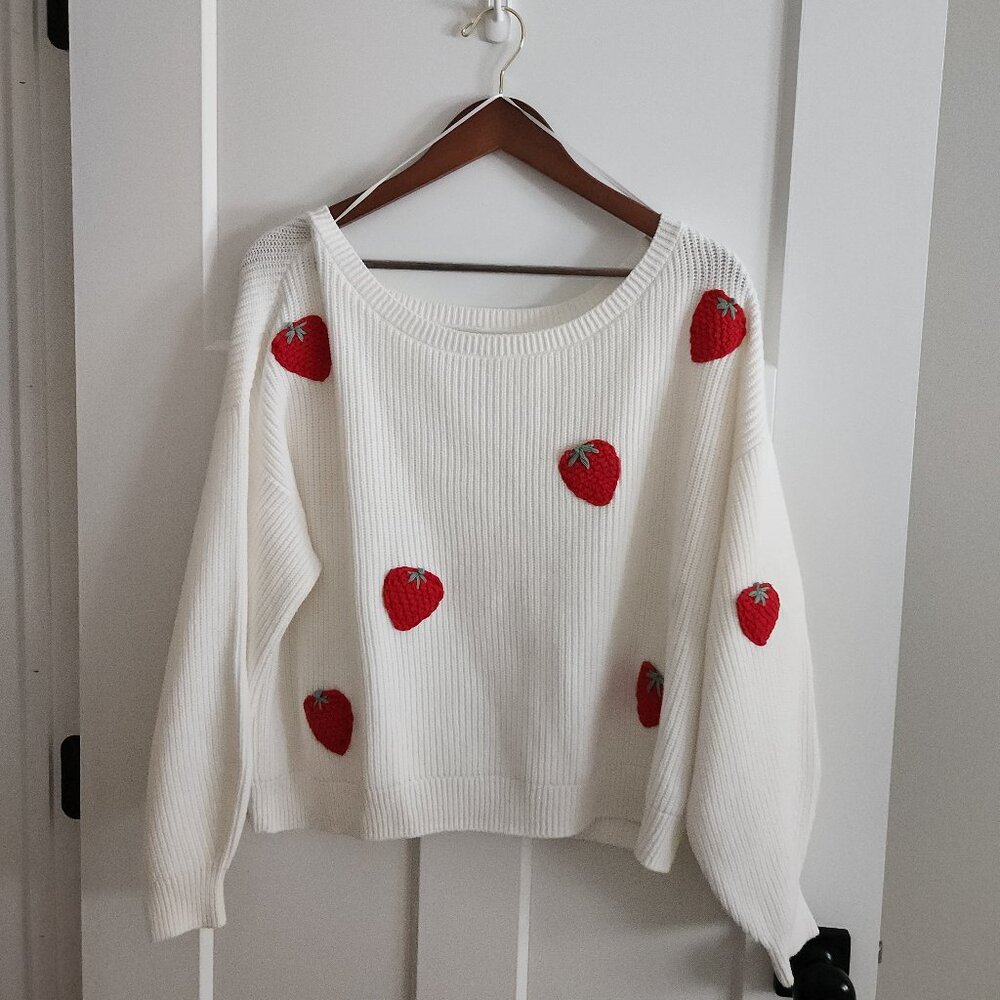 Hollister Strawberry Off-The-Shoulder Sweater Size M Whimsical Cottagecore